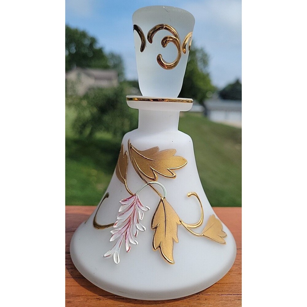 Satin Glass Perfume Bottle White and Gold Floral Pattern Irice Imports Vanity